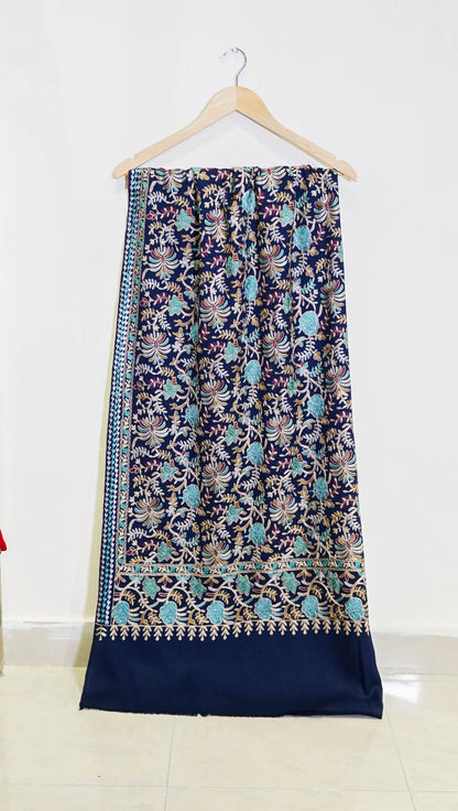 Elegant Navy Blue Pashmina Shawl with Floral Embroidery