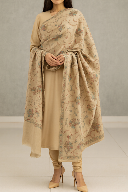 Elegant Beige Pashmina Shawl with Intricate Needle Embroidery