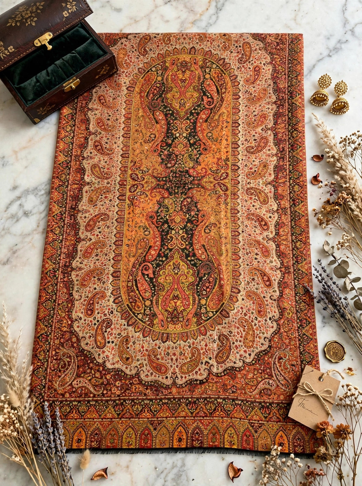 Heritage Jama Silk Zari Shawl Rust Orange & Gold Paisley Work