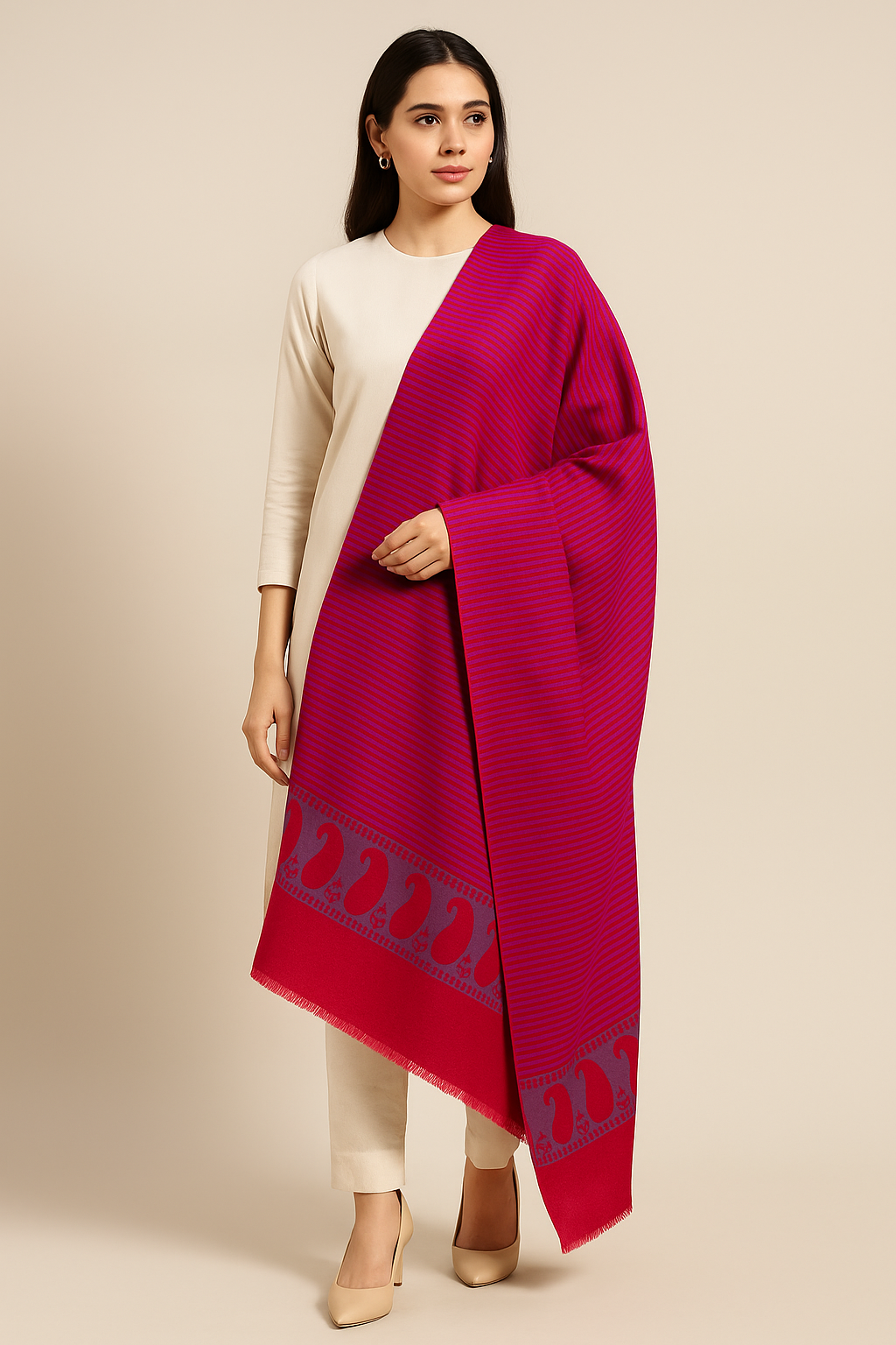 Luxury Pashmina Striped Shawl with Paisley Border  Magenta & Blue