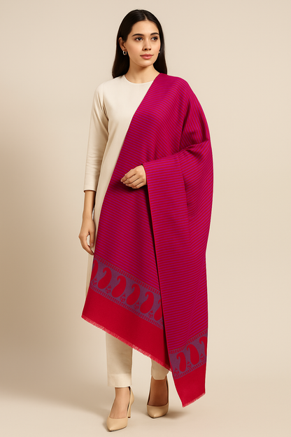 Luxury Pashmina Striped Shawl with Paisley Border  Magenta & Blue