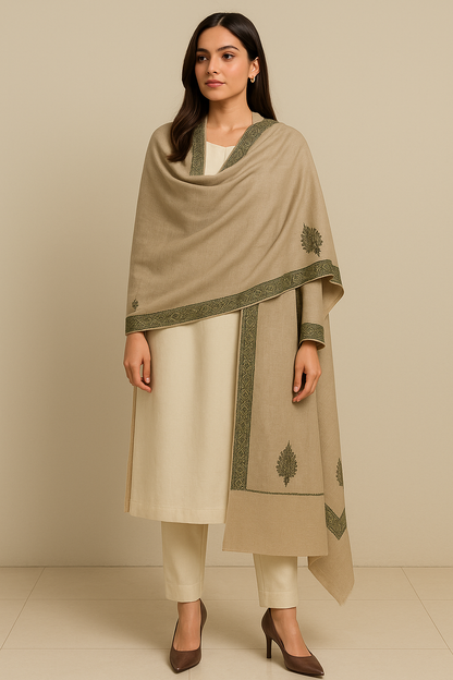 Luxury Pashmina Shawl with Subtle Embroidery olive green