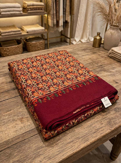 Embroidered Burgundy Pashmina Shawl - Heirloom Kashmiri Aari Work