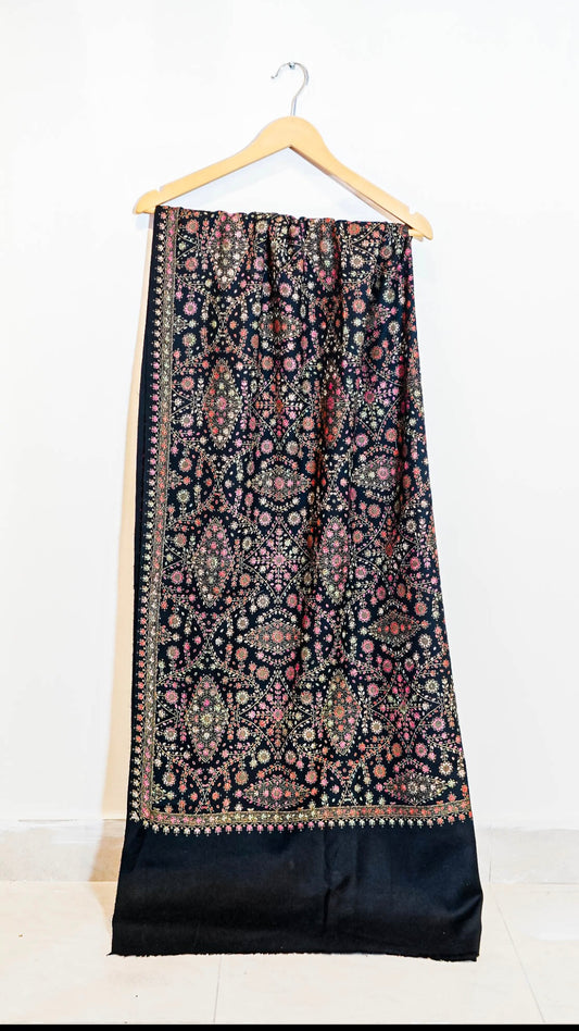 Luxury Needle Embroidery Pashmina Shawl – Black Base with Multicolor Floral Motifs