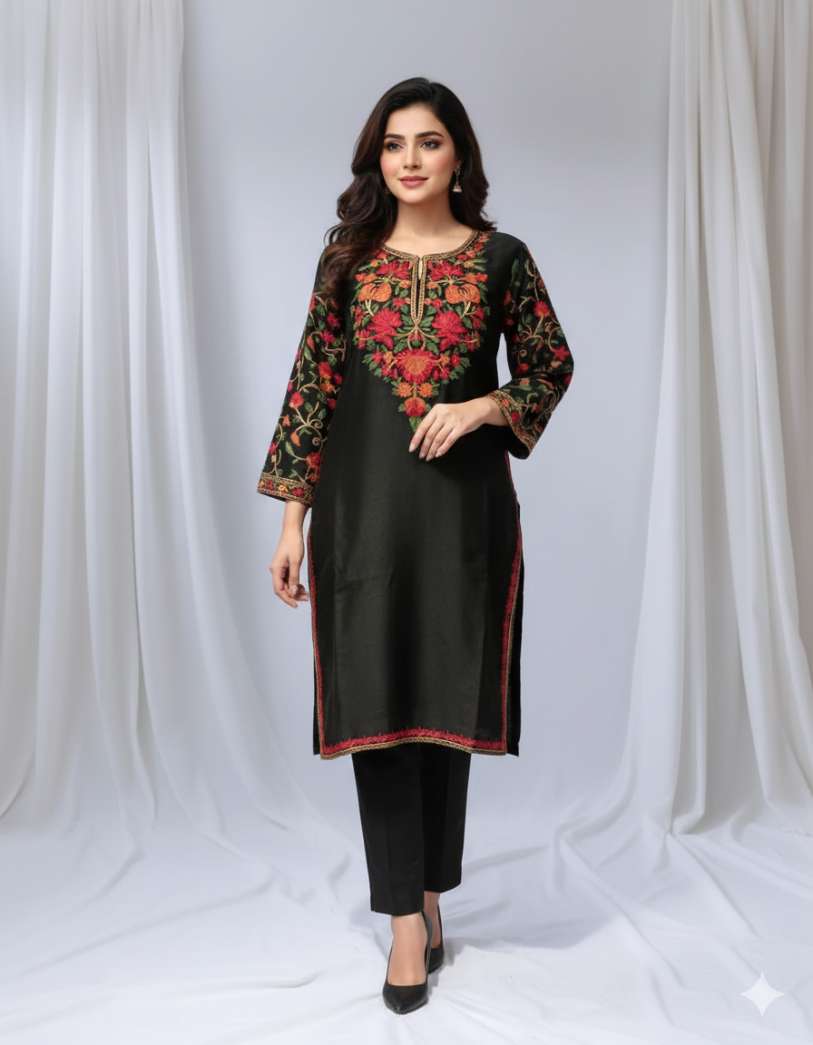 Black Embroidered Pashmina Kurta with Trousers