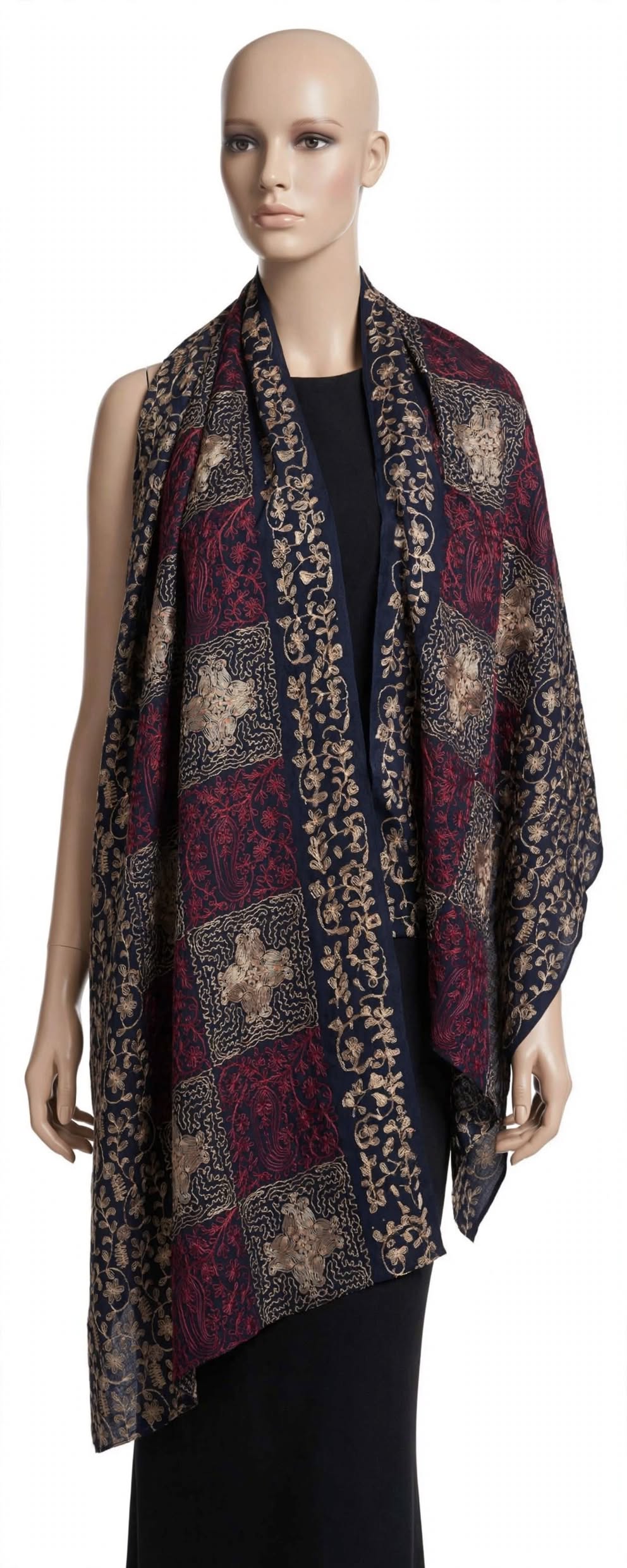 Navy Blue Burgundy Checkered Pashmina Shawl