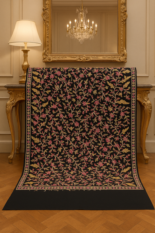Elegant Black Pashmina Shawl with Multicolor Aari Embroidery