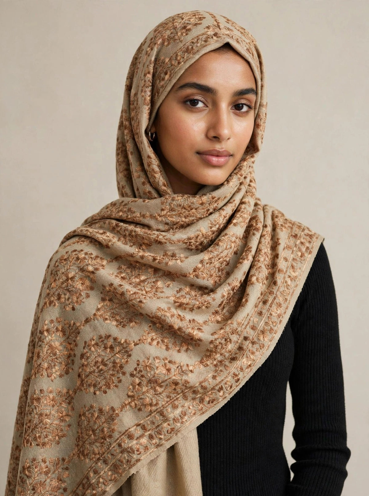 Noor Beige -aari  Embroidered Pashmina Shawl with Aari Work