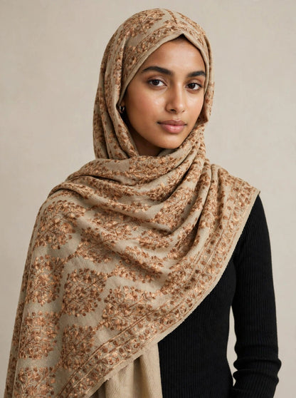 Noor Beige -aari  Embroidered Pashmina Shawl with Aari Work