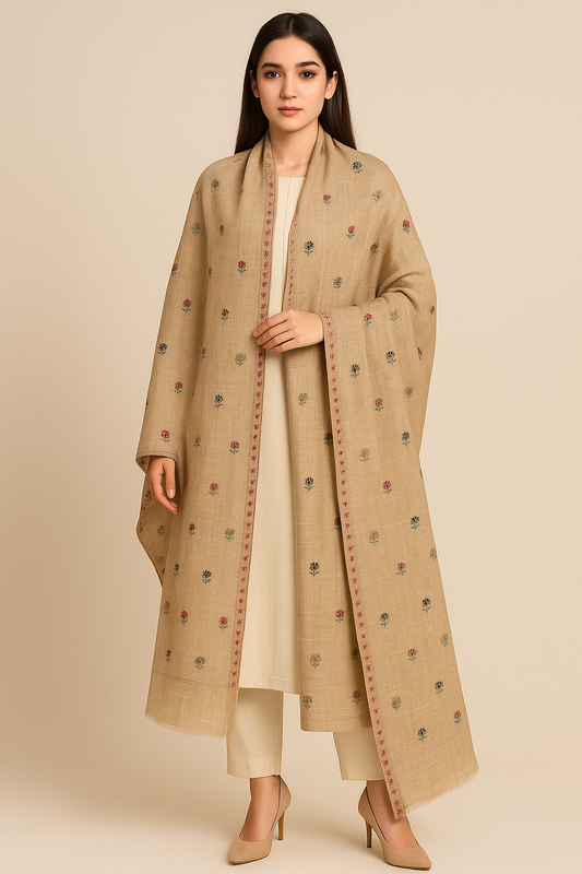 Beige Pashmina Embroidered Shawl with Floral Motifs & Red Border