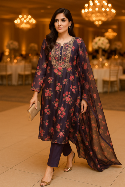 Floral gota hand embroidery neckline