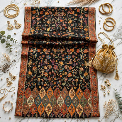 Heirloom Black Floral Kani Silk Dupatta - Pure Handwoven Kashmiri Luxury