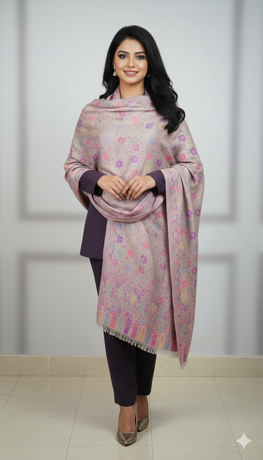 Elegant Kani Pashmina Shawl – Pastel Lilac & Pink Weaves