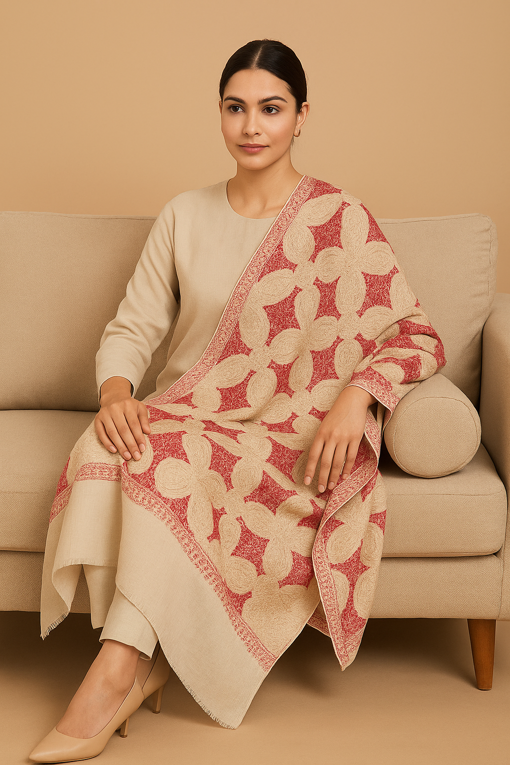 Luxury Pashmina Aari Embroidery Shawl Ivory & Crimson