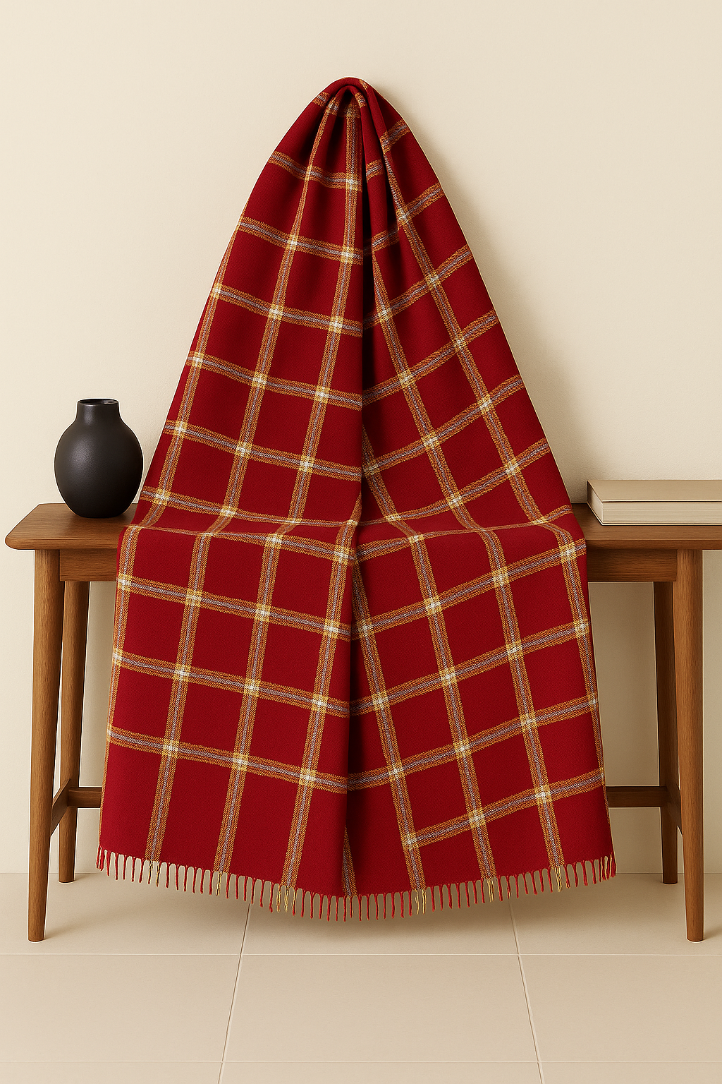 Classic Red Plaid Pashmina Shawl with Golden Checks