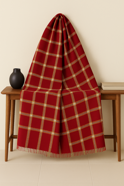 Classic Red Plaid Pashmina Shawl with Golden Checks