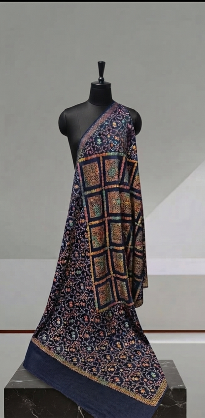 Handmade Navy Blue Sozni Embroidered Pashmina Shawl Traditional Artisanal Winter Wrap