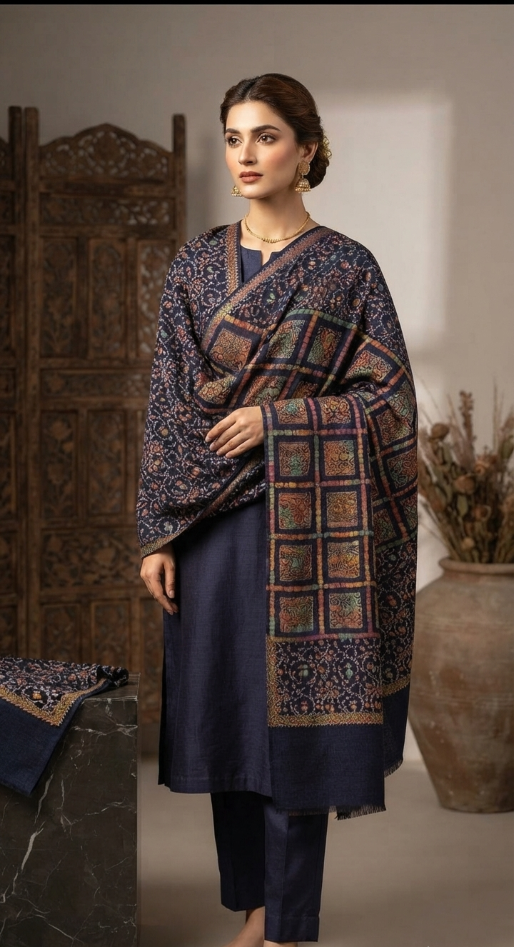 Handmade Navy Blue Sozni Embroidered Pashmina Shawl Traditional Artisanal Winter Wrap