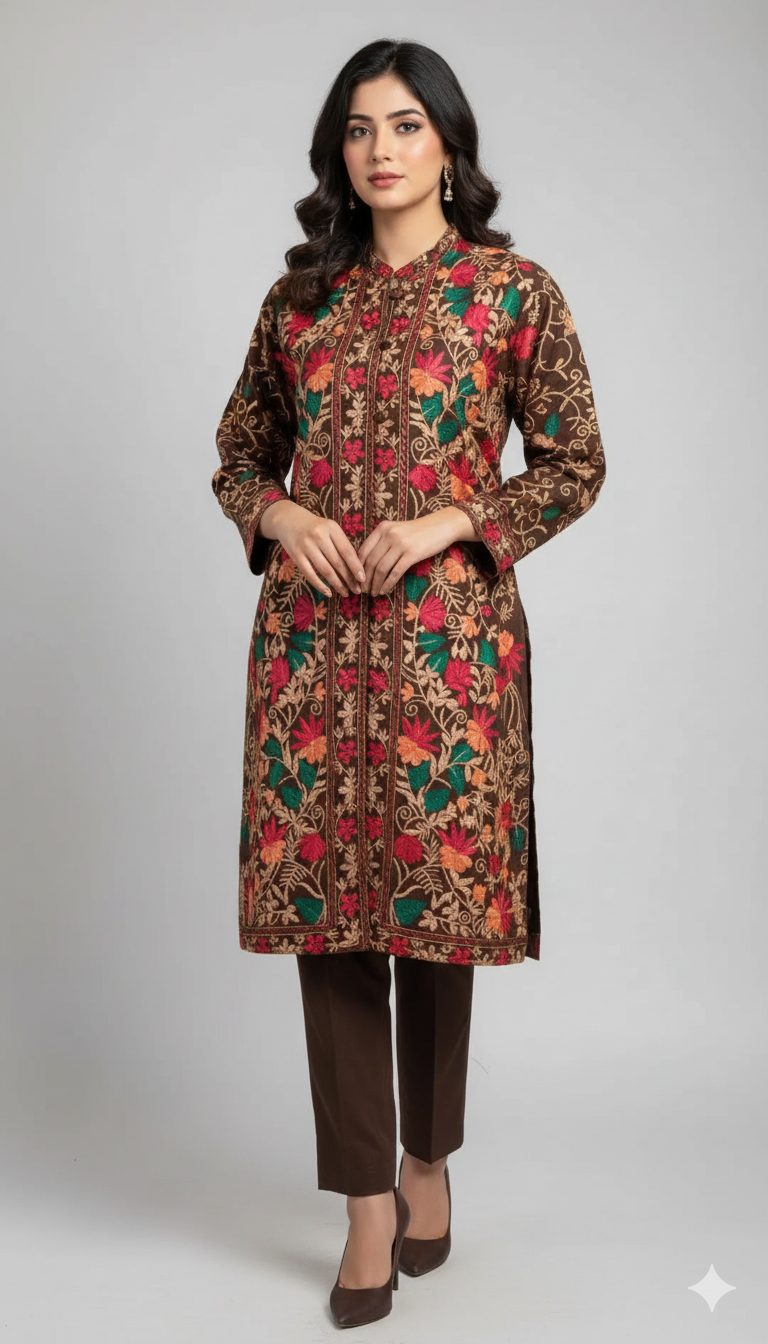 Luxury Kashmiri Embroidered Pashmina Jacket with Inner