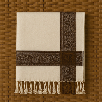 Elegant Off-White Pashmina Jacquard Shawl with Classic Brown Border