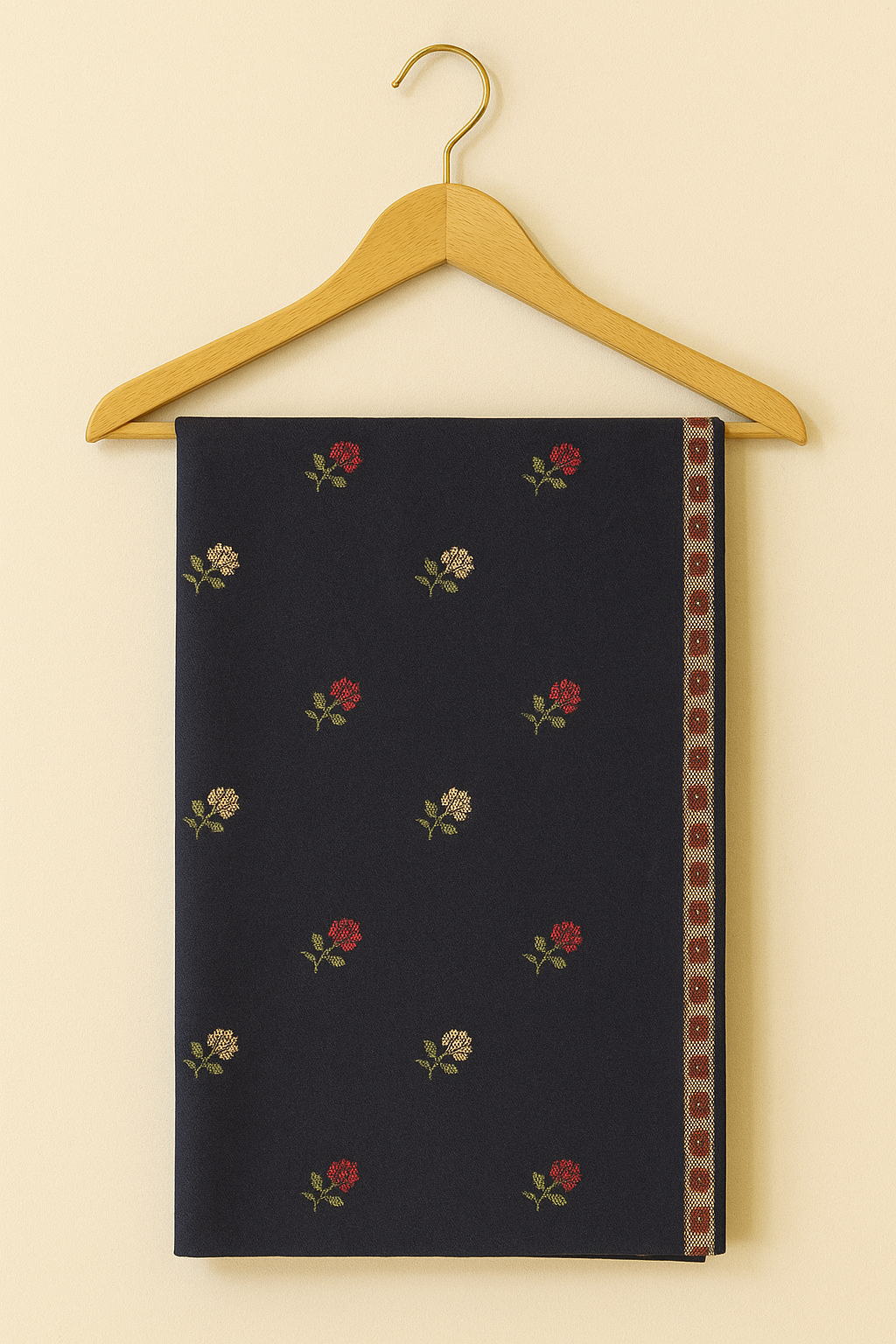 Navy Blue Pashmina Shawl  Floral Embroidery with Border Detailing