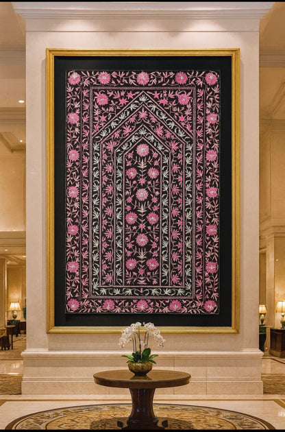 Grandeur Pashmina Wall Art  Black Base with Pink Floral Aari Embroidery