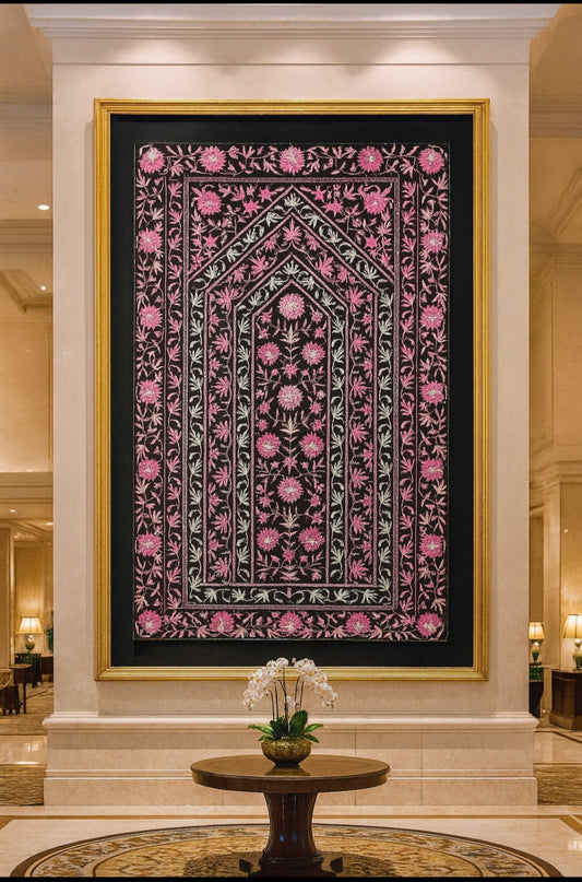 Grandeur Pashmina Wall Art  Black Base with Pink Floral Aari Embroidery