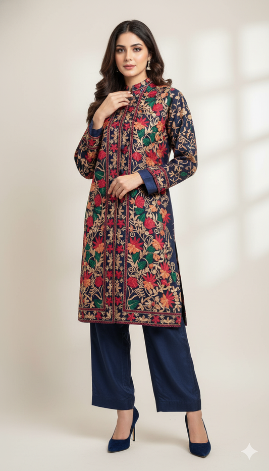 Luxurious Kashmiri Aari Embroidered Jacket - Authentic Pashmina-Wool Blend Coat