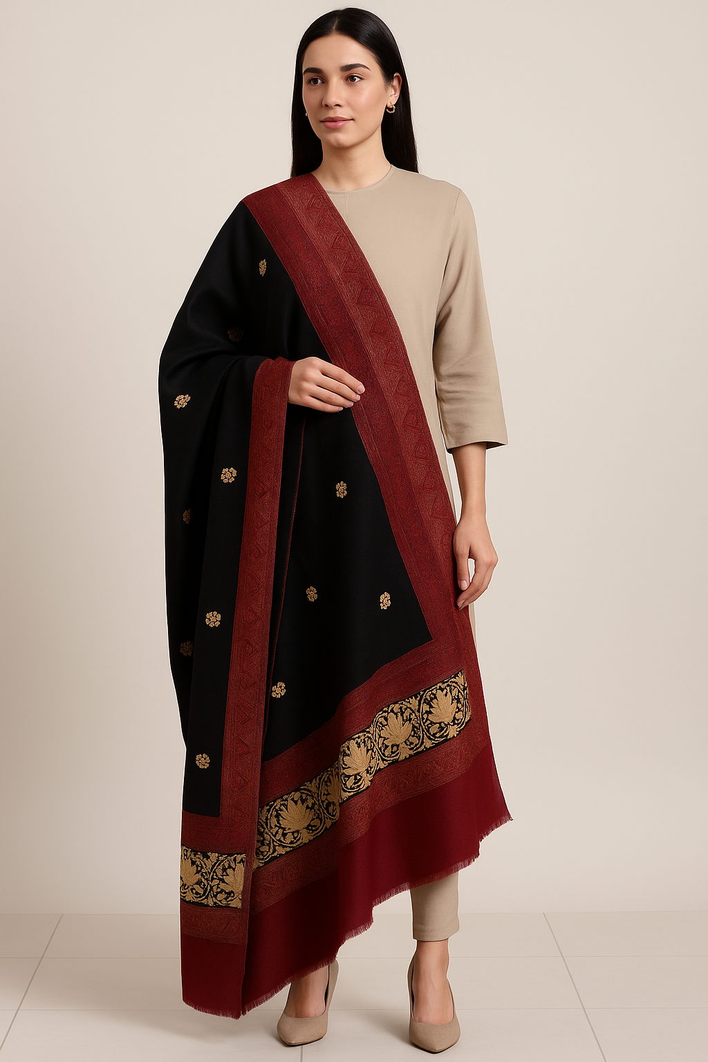 Luxury Black Pashmina Shawl with Maroon Border & Golden Embroidery