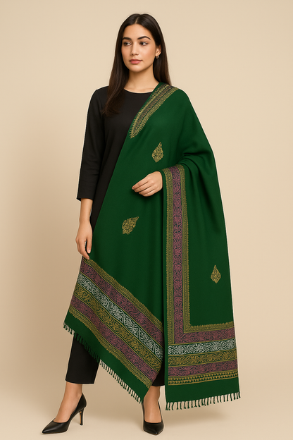 Emerald Green Pashmina Shawl with Multicolor Block Print Border