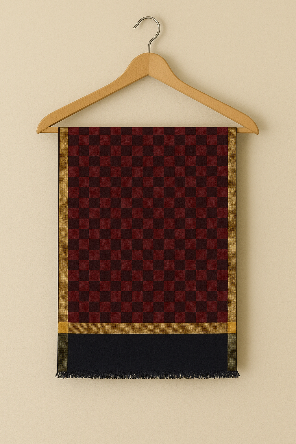 Maroon & Navy Blue Checkered Pashmina Shawl with Golden Border