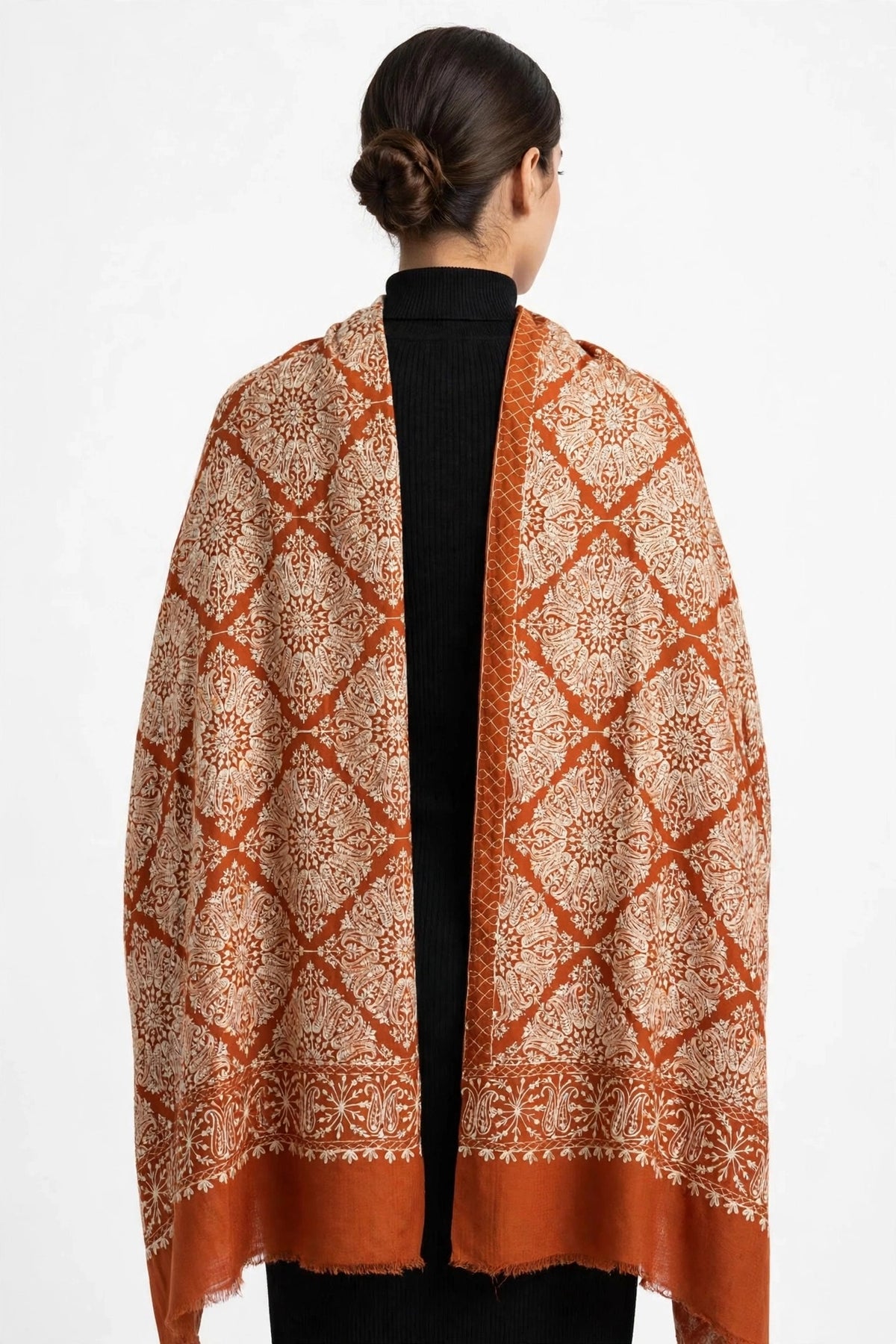 Rust Orange Nalki Embroidered Pashmina Shawl