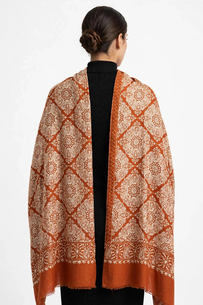 Rust Orange Nalki Embroidered Pashmina Shawl