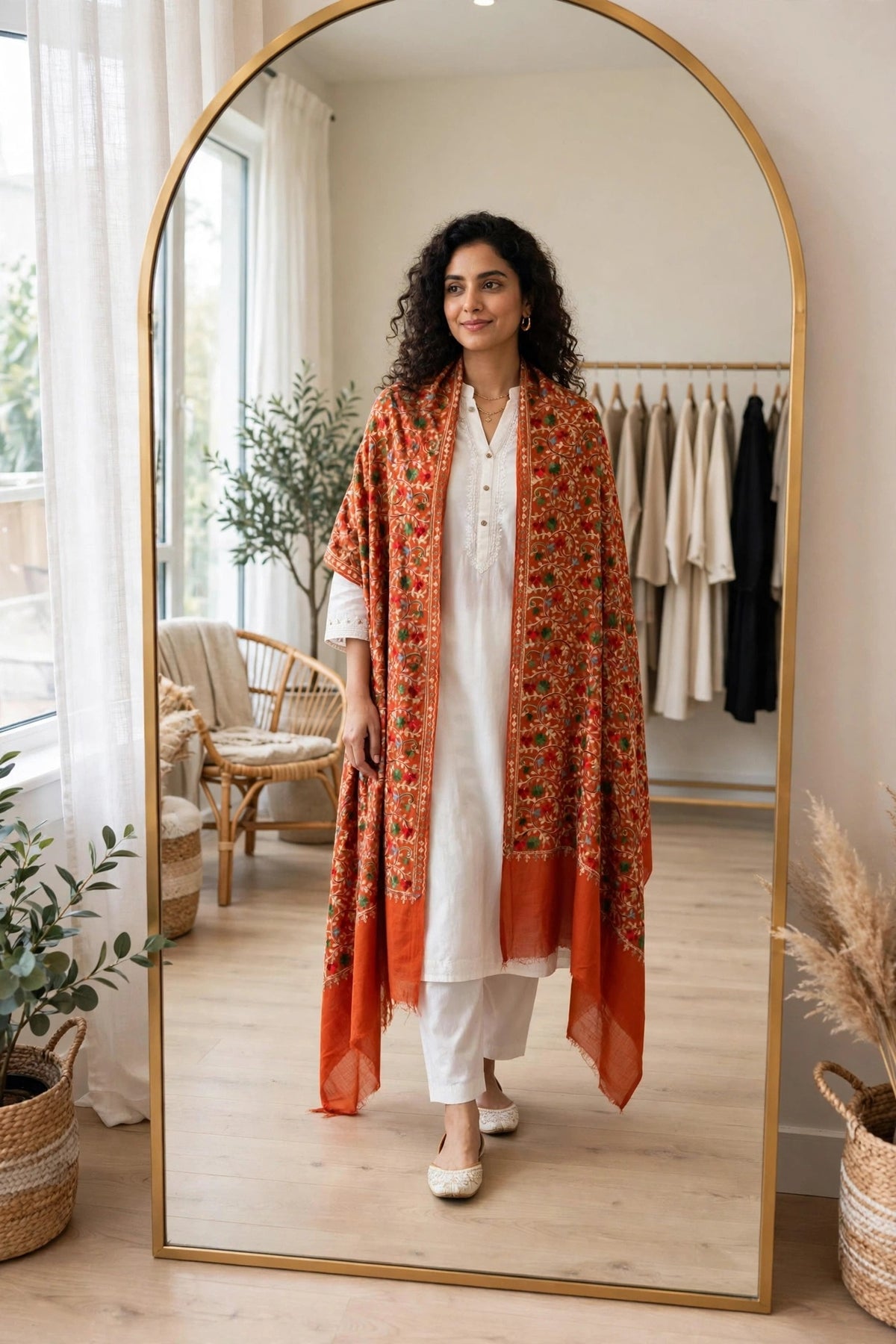 Rust Orange Pashmina Shawl with Aari Embroidery