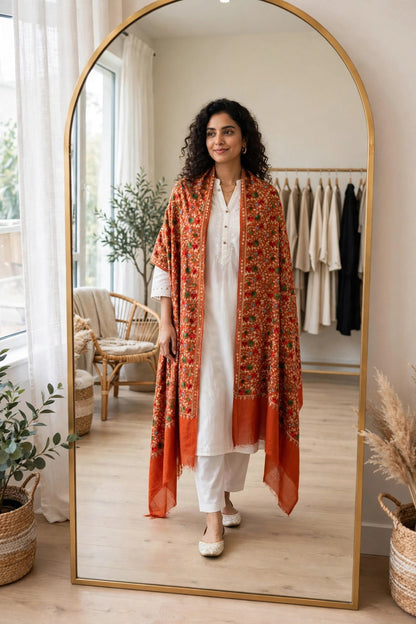 Rust Orange Pashmina Shawl with Aari Embroidery