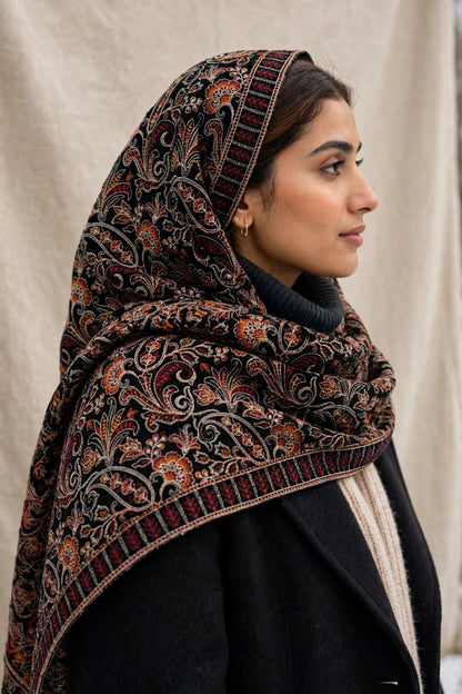 Black Luxe Embroidered Velvet Shawl Full Paisley Bareeze Work Winter Formal Shawl