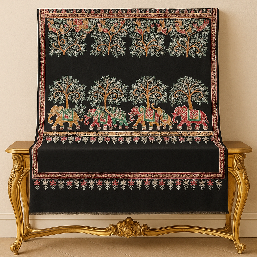 Luxury Pashmina Elephant Embroidery Shawl Black