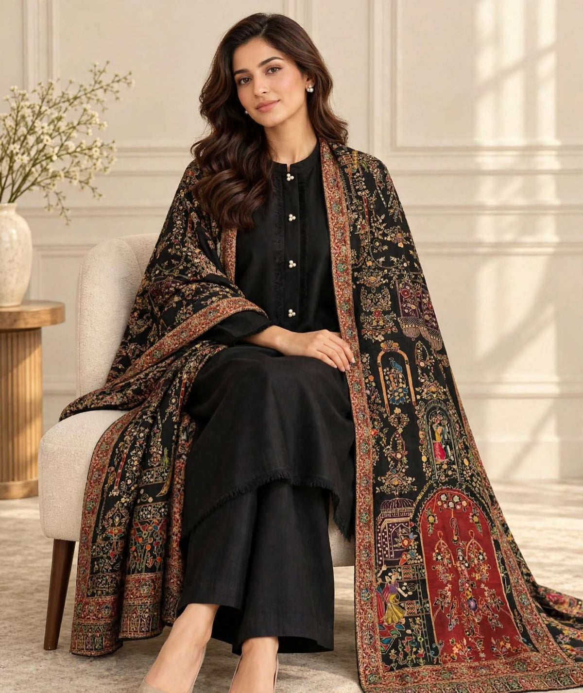 Noir Raqs - Premium Black Meenakari Shawl with Mughal Storytelling Art