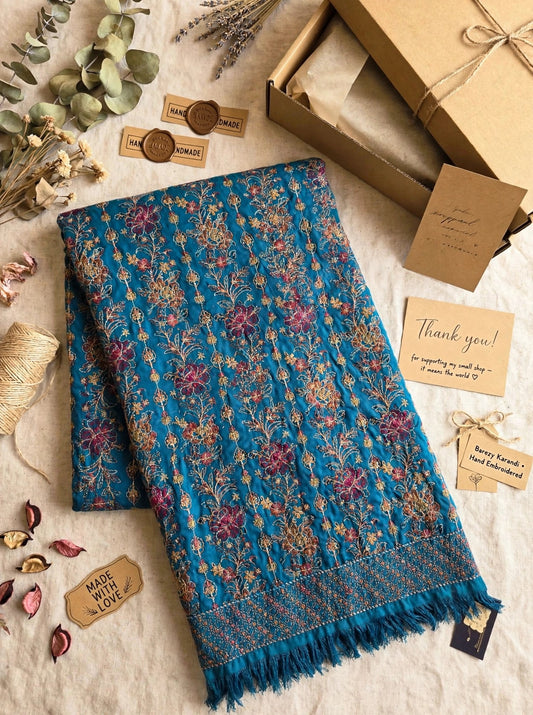 Elegant Blue Karandi Embroidered Floral Heritage Design