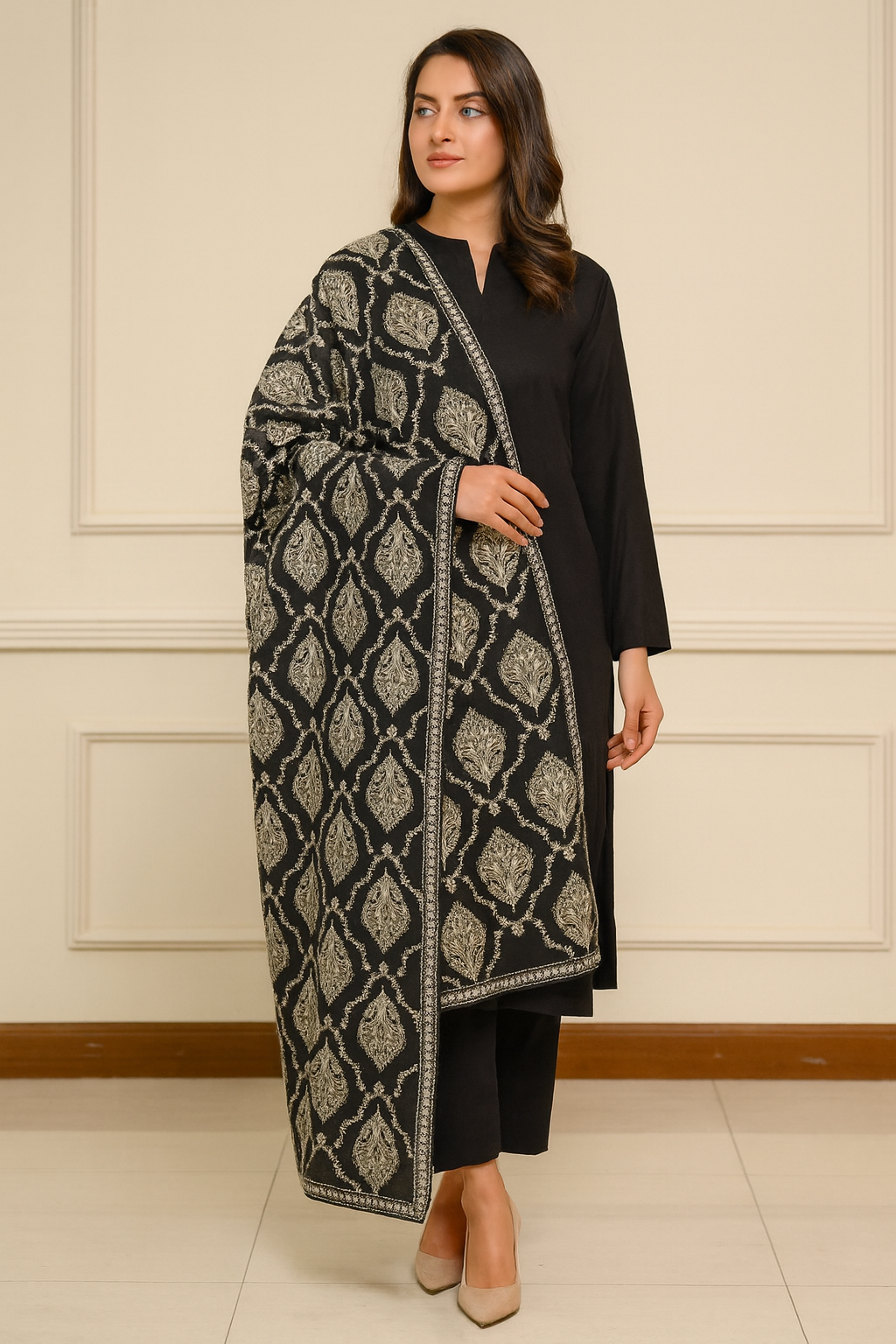 Black Karandi Embroidered Shawl