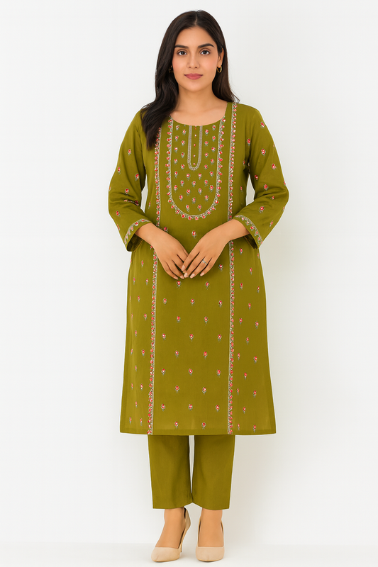 Olive Green Embroidered Lawn – Unstitched 2PC Suit