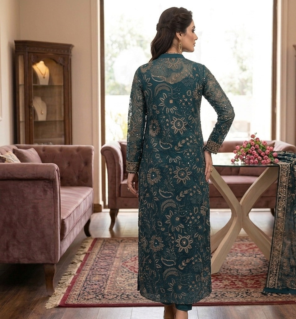Teal Radiance: Laser-Cut Applique & Embroidered Chiffon Ensemble