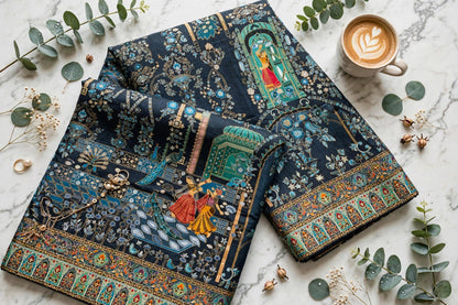 Teal Blue Mughal Darbar Minakari Shawl - Premium Kaani Pashmina Shawl