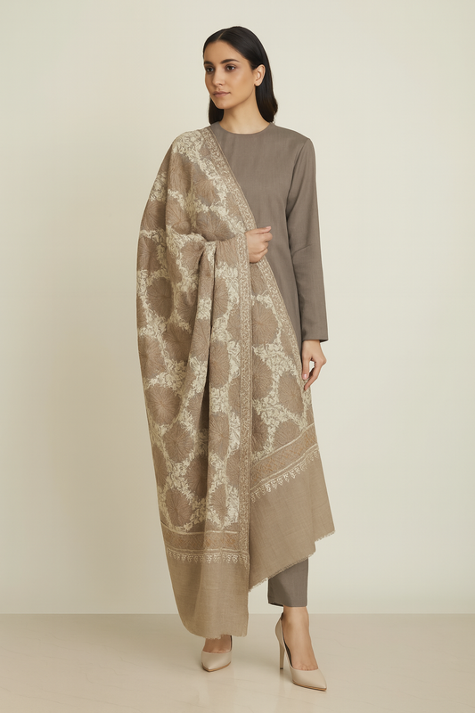 Elegant Pashmina Aari Embroidery Shawl  Beige & Cream