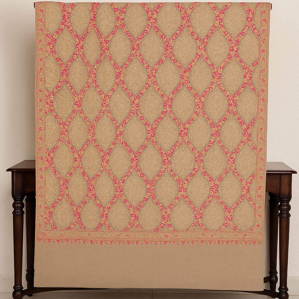 Luxury Pashmina Aari Embroidery Shawl  Beige & Rose Pink