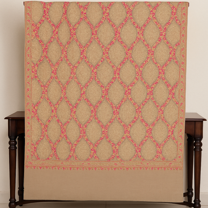 Luxury Pashmina Aari Embroidery Shawl  Beige & Rose Pink