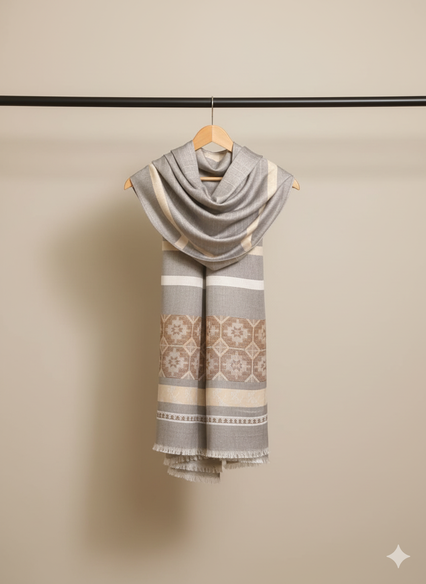 Elegant Grey and Beige Geometric Woven Stole | Winter