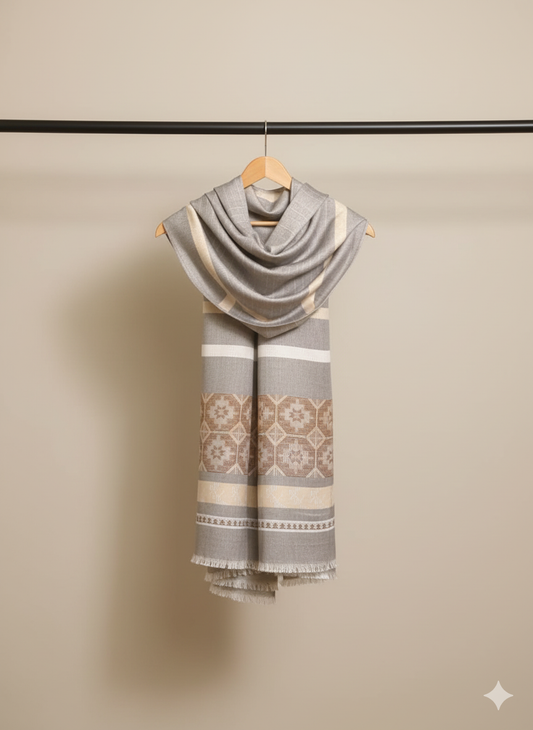 Elegant Grey and Beige Geometric Woven Stole | Winter