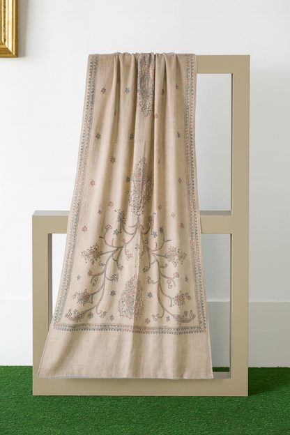 Elegant Pashmina Shawl with Fine Needle Embroidery  Beige