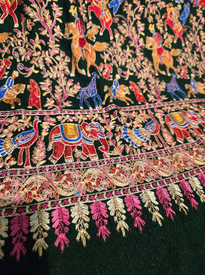 Bottle Green Shikargah Pashmina Shawl | Pure Pashmina Nalki Embroidery | Luxury Wrap